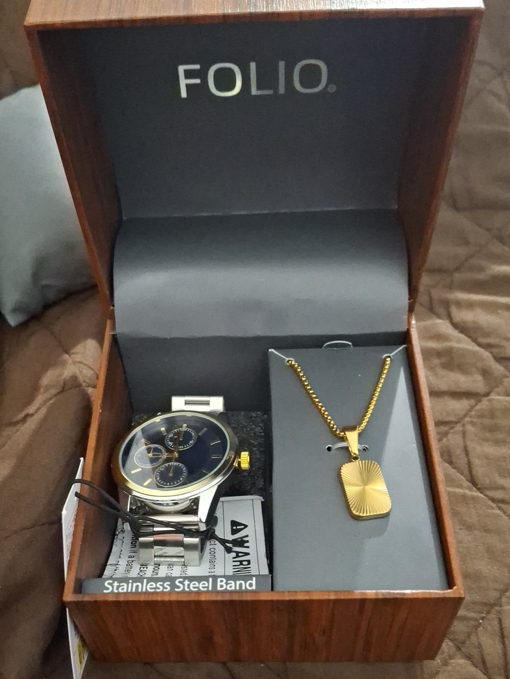 FOLIO Men’s Stainless Steel Watch & Gold Tone Pendant Necklace - Blue Dial